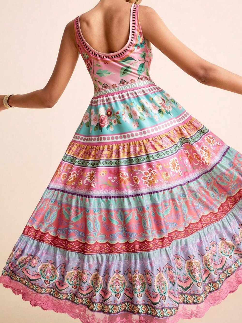 Multicolor Boho Women's Dress Floral Gradient U-Neck Sleeveless Cinched Waist - Picture 2 of 9